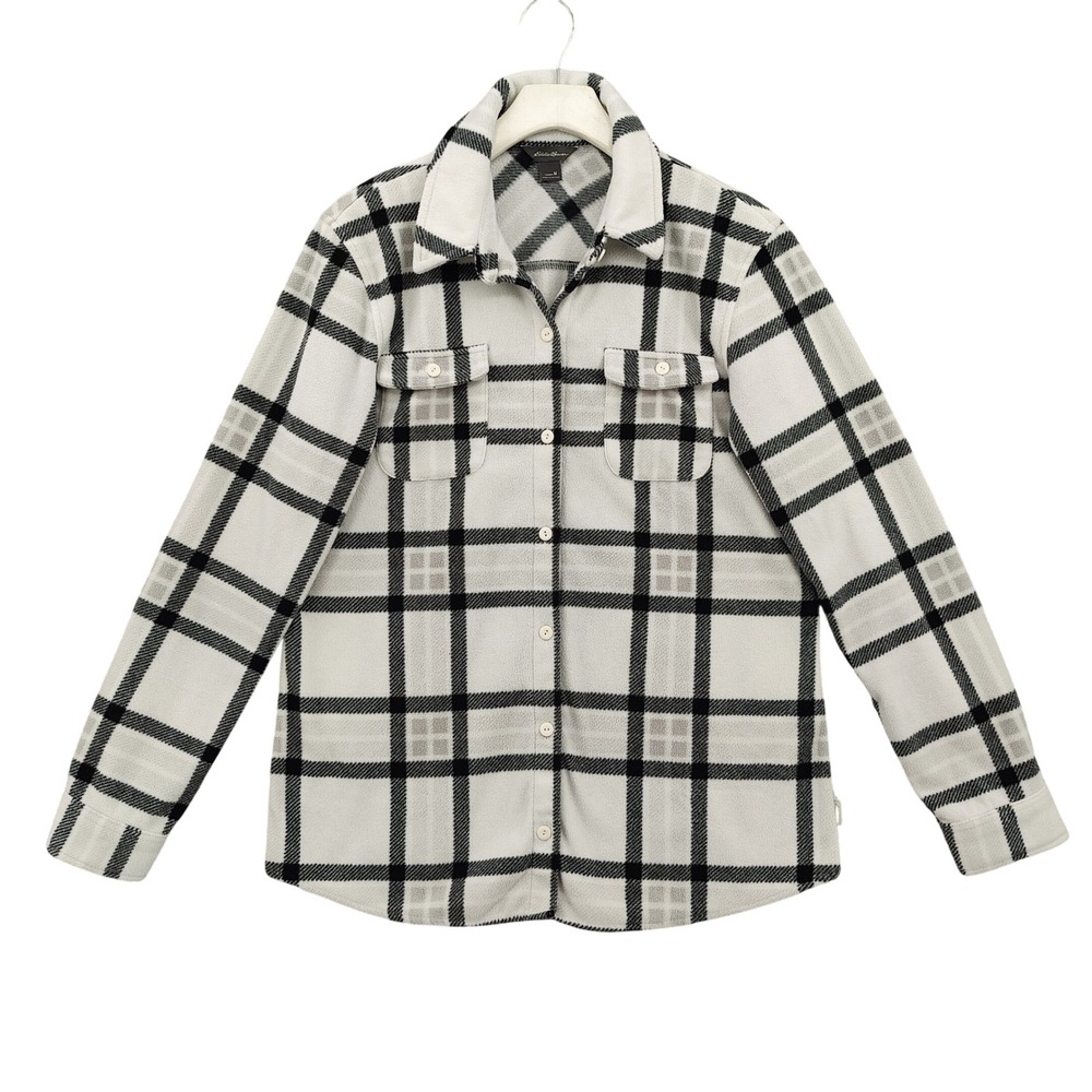 Eddie Bauer Womens Gorpcore Cabin Fleece Shirt M White Black Plaid Shacket